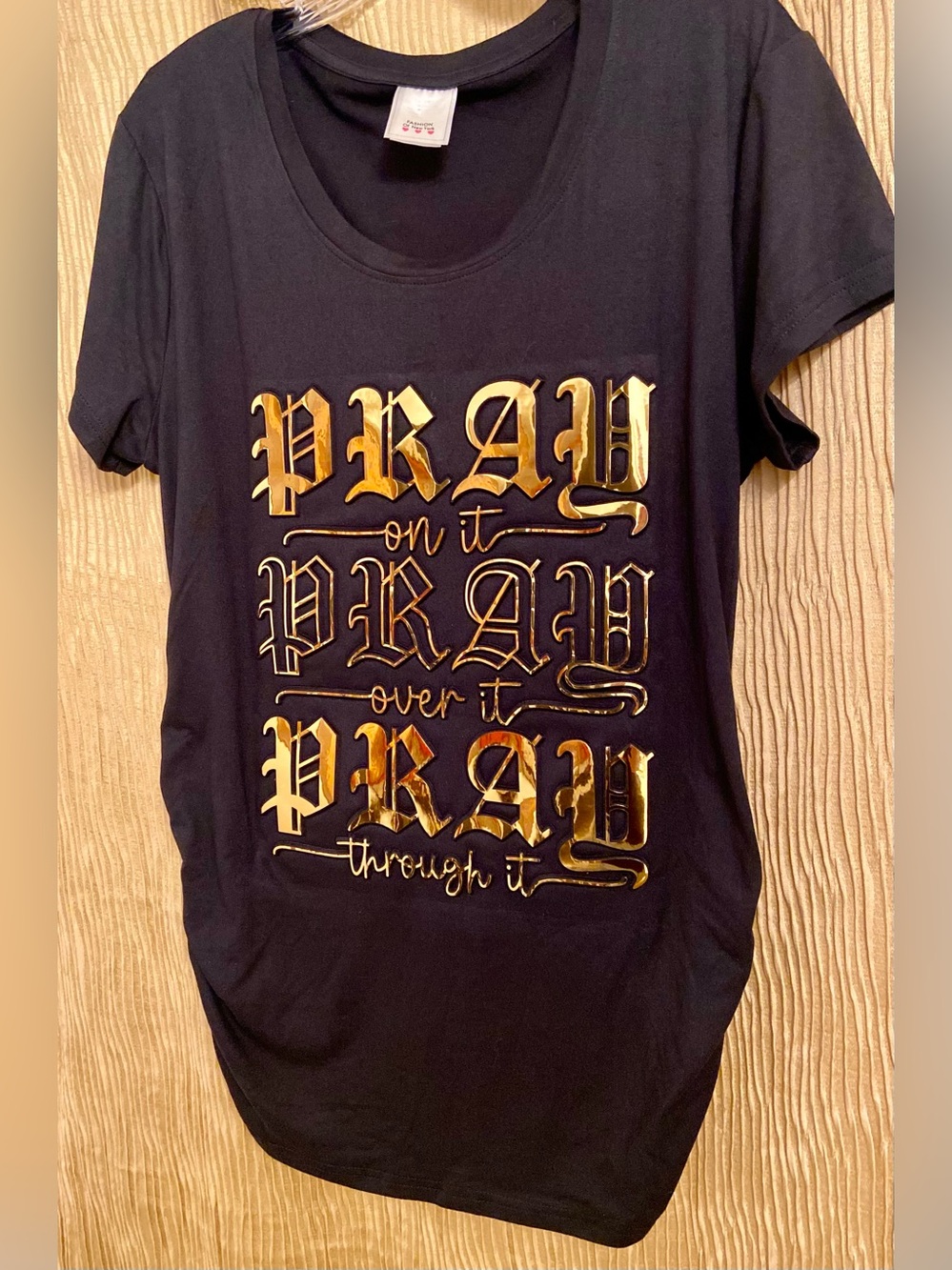 Women's Black Short Sleeve Tee with Gold 'PRAY' Script